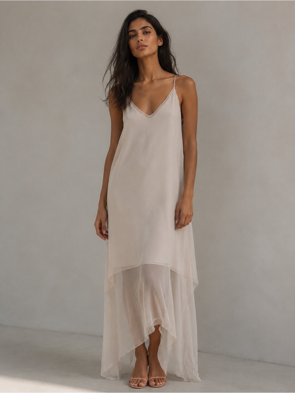 CHARLI London Bone Chiffon Handkerchief Hem Maxi Slip Dress US 8 NWT